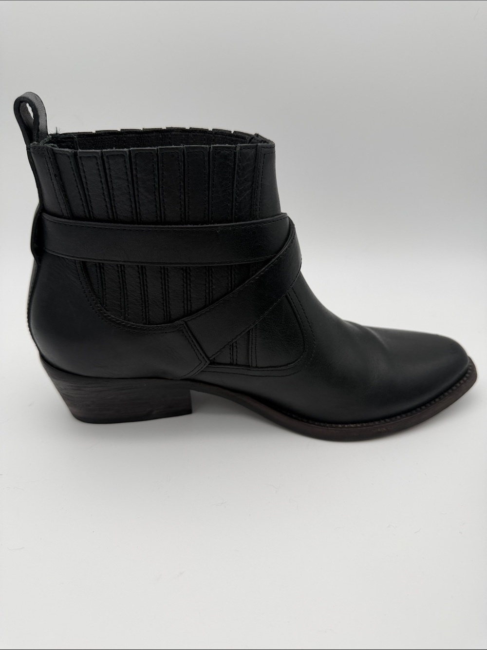 All Saints Western Style Ankle Booties Black Leather Boots Belt Sz 8 Pointed Toe - Picture 6 of 16